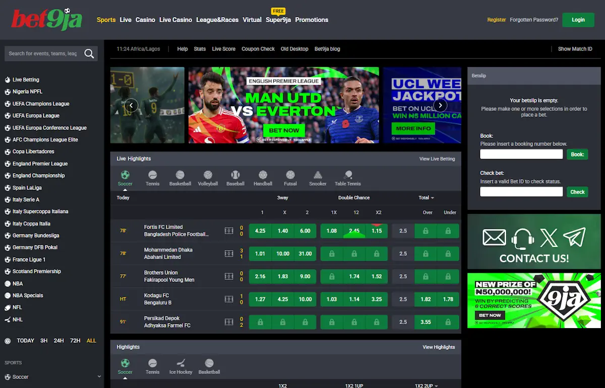 Bet9ja Sportsbook Homepage Screenshot